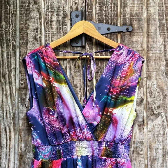 Dirty Ballerina Blue Multi Watercolor Print Drape Back Maxi Dress - Picture 4 of 6